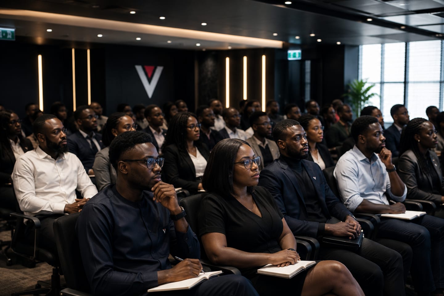 An audience taking notes during a session in a lecture room.