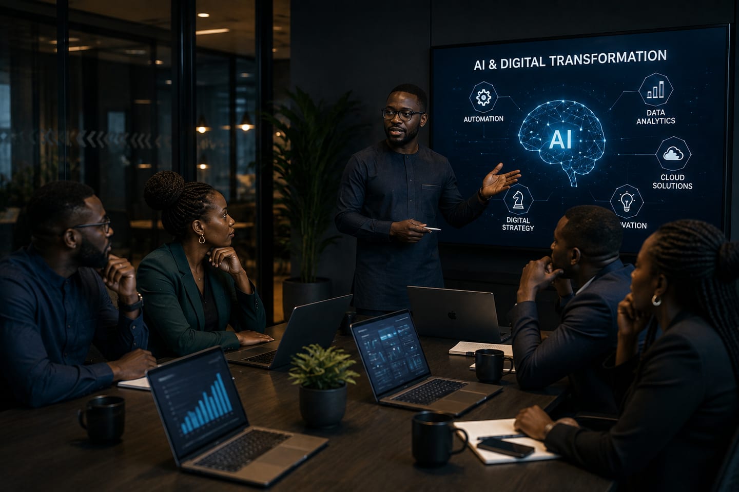 A facilitator presenting an artificial intelligence and digital transformation model to a seated executive group.