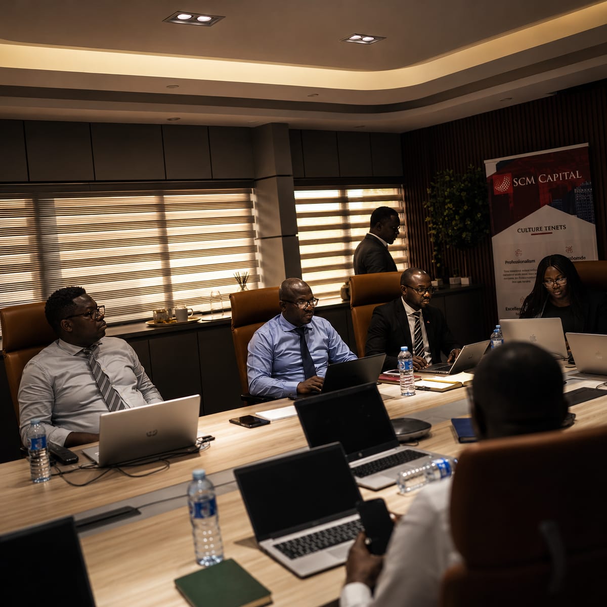 Executives reviewing material on laptops around a long boardroom table.