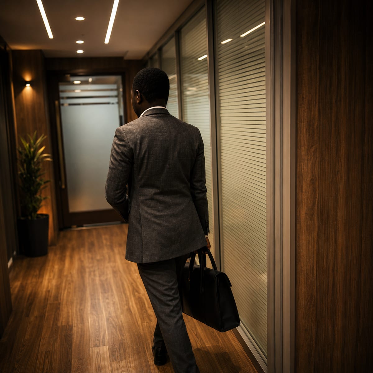 An executive walking down an office corridor carrying a briefcase.