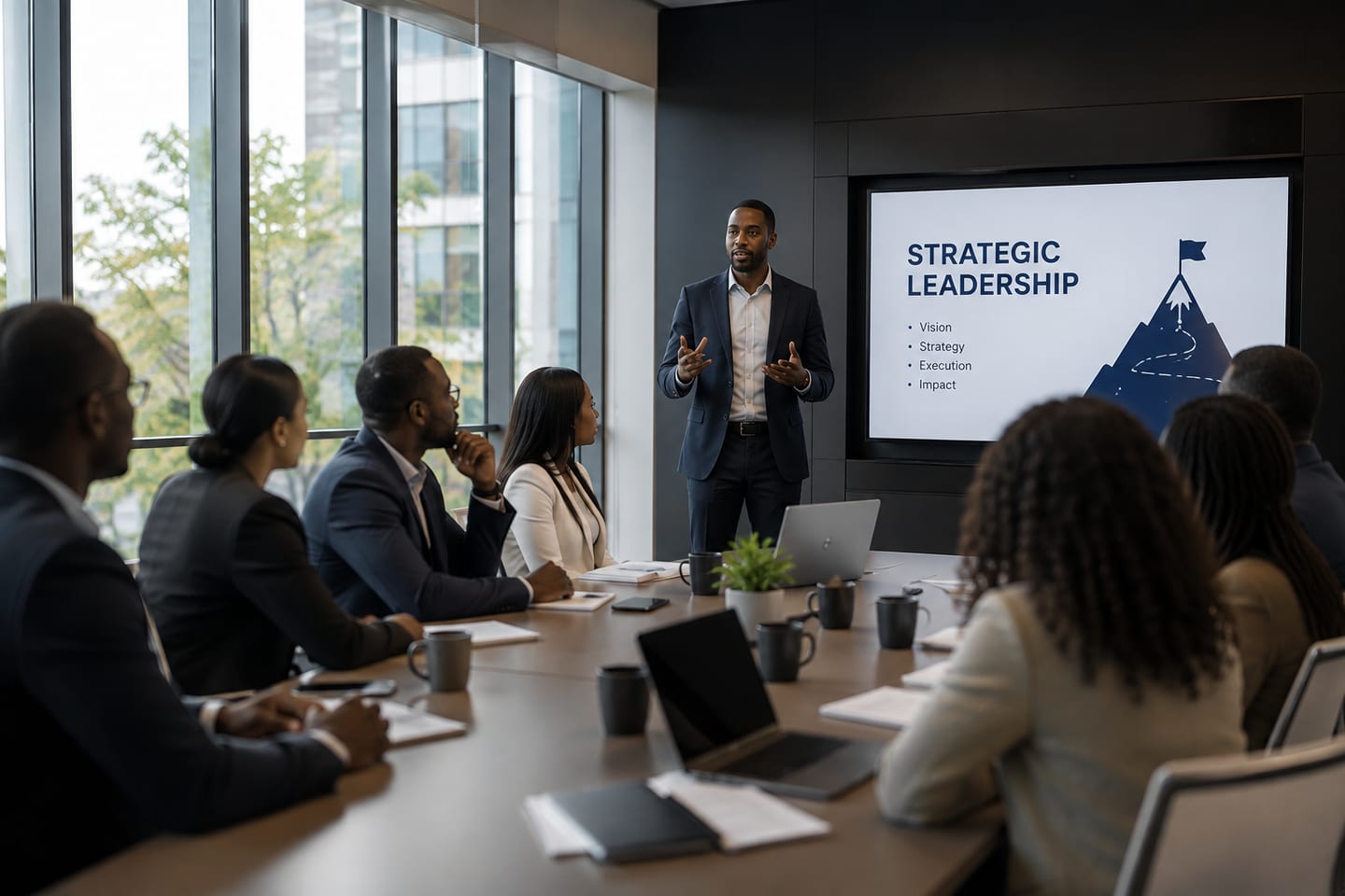 A facilitator presenting a strategic leadership model to executives around a boardroom table.