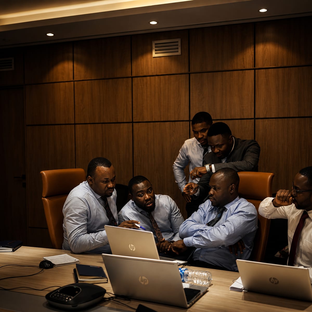 Colleagues gathered around laptops working through a problem together.