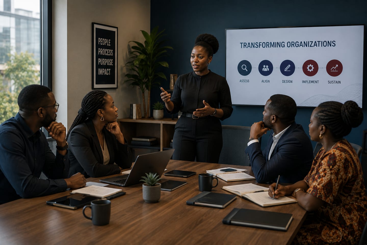 A facilitator presenting an organisational transformation sequence to a seated executive group.